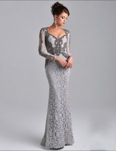2020 New Formal Silver Mermaid Mother Of The Bride Dresses Sweetheart Long Sleeves Lace Crystal Beading Plus Size Party Dress Evening Gowns