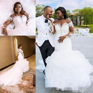 Meerjungfrau Kleider afrikanische Langschläuche Kathedrale Zugbilder mit Organza Spitze Applikat Juwel Neck Plus Größe Hochzeitskleid Vestido de Novia