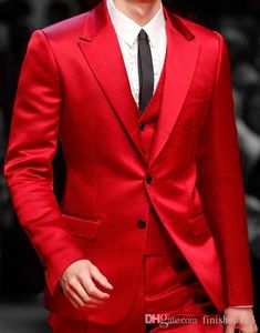 Handsome Two Buttons Shiny Red Satin Groom Tuxedos Peak Lapel Men Suits 3 pieces Wedding/Prom/Dinner Blazer (Jacket+Pants+Vest+Tie) W660