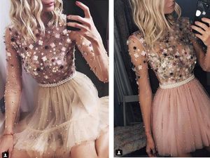 2019 Sexy Sheer Tulle Long Sleeve Short Cocktail Party Dresses Full Beads Mini Womens Clothing Formal Party Prom Dresses