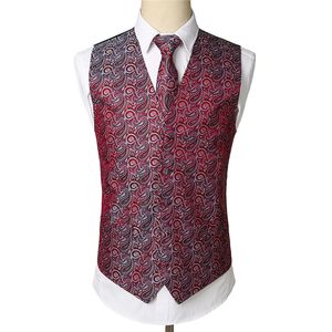 Set di gilet da smoking con motivo cachemire rosso vino Set di gilet da sposa per feste Gilet di fazzoletto Cravatta floreale Jacquard con fazzoletto da taschino Set di cravatta