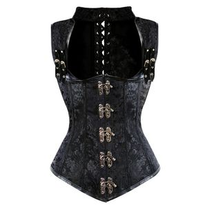 Damen Plus Size Stahlknochen Doppelschnalle Jacquard Neckholder Schnürkorsett Weste Mode Steampunk Mieder Top Shapewear S-6XL Schwarz