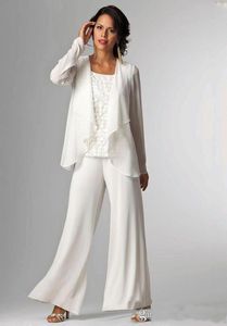 Elegant White Chiffon Lady Mother Pants Suits Mother of The Bride Groom mother bride pant suits With Jacket Women Party Dresses trouser suit