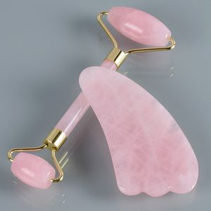 Rullo di giada al quarzo rosa naturale Vera giada Gua Sha Board Viso massaggiatore sottile Strumenti antirughe Kit di strumenti per massaggio Guasha facciale