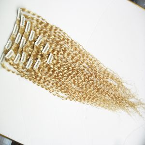 Brasilianisches reines Haar, blond, verworrene lockige Clip-Ins, Echthaar, 100 g, 8 Stück, 4B 4C, Afro-verworrene lockige Clip-in-Haarverlängerungen