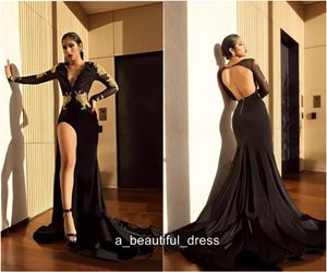 Sexy Black High Slit Mermaid Evening Dresses With Gold Appliques Long Sleeves Deep V Neck Backless Formal Prom Party Gowns Arabic ED1168