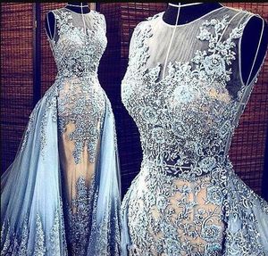 2019 Nowy Light Blue Elie Saab Suknie Wieczorowe Załoga Zdejmowany Pociąg Przezroczysty Formalne Dresses Party Pageant Suknie Celebrity Prom Długie