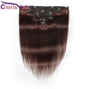 Thick Bundles Dark Brown Hair Extensions Clip Ins Silky Straight Human Hair Brazilian Virgin Clips In On Extension #4 Full Head 8pcs 120g Set