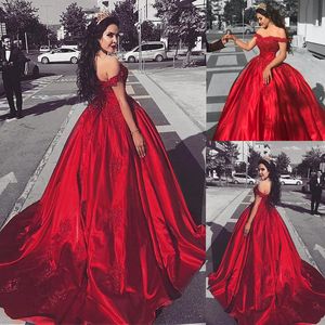 Red Prom Dresses 2019 New Satin Off Shoulder Elegant Evening Formal Dresses Ball Gowns Ladies Party Gowns