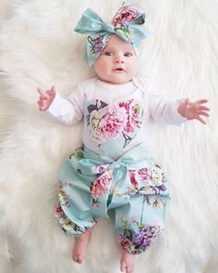 Neugeborenes Kind Baby Mädchen Kleidung Set Floral Langarm Overall 3-teilig bedruckte Hosen + Kopfbedeckung Outfit Set Kleidung