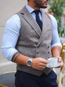 Rustic Groom Vests Attire For Wedding Groomsmen Double Breasted Wool Herringbone Tweed Slim Fit Mens Suit Vest Prom Dress Waistcoat 242