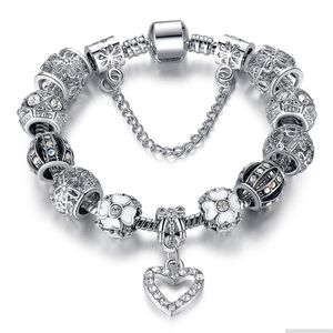 Heart Forma Forma Pulseiras Pan Dora Projetos 925 Prata Vintage Beads Bangle Charms Meninas Lady Cristal Rhinestone Diamante Jóias Para As Mulheres