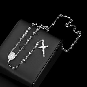 Classic Silver Rosary Beads Chain Cross Crucifix Religious Catholic Stainless Steel Necklace Women's Men's 4MM/6MM/8MM/10MM