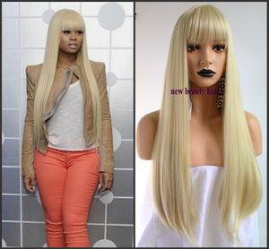 Natural Hairline Heat Resistant Straight Long Blonde Cosplay Wig Hand Tied Heat Resistant Synthetic Lace Front Wigs with bangs for Women