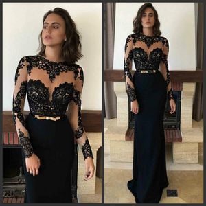 Black Sexy Lace Prom Dresses Illusion Long Sleeves Transparent Sheer Neck 2019 Fashion Formal Evening Dresses Floor Length Women Party Gowns