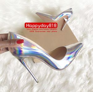 Бесплатная доставка, новый стиль, дизайнерские серебряные лакированные туфли-лодочки на высоком каблуке с лазерным наконечником, сексуальные женские туфли lade 12 см 10 см, большой размер 34 43