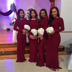 Vintage Burgundy Long Sleeve Mermaid Bridesmaid Dresses Simple Designed Satin Jewel Neck Floor Length Maid Of Honor Gowns