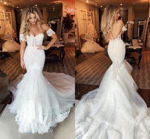 Berta Русалка Новые платья Милое кружево с открытой спиной из тюля со шлейфом Robe De Mariee с короткими рукавами Свадебное платье Свадебные платья