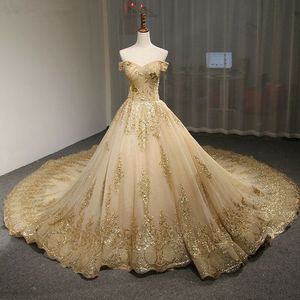 Glittering Gold Embroidery Applique Wedding Dress 2019 Chapel Train Off Shoulder With Sleeves Corset Back Real Image Party Dress For Bride