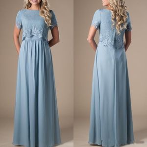Mavi Uzun Mütevazı A-Line Nedime Elbiseleri Kısa Kollu Dantelli Üst Resmi Gece Elbise Boho Düğün Elbise