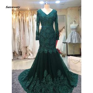 Abiye Dark Green Mermaid Evening Dresses Full Sleeves Lace Appliques Crystal Evening Gowns Plus Size Vestidos De Formatura