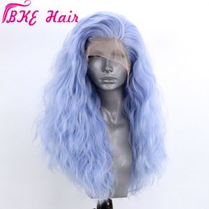 Ljusblå cosplay syntetiska spetsfront peruker med naturliga hårlinjebunkar värmebeständigt 360 spets lös våg peruker för kvinnor make up party