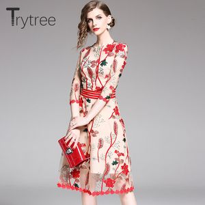 Casual Dresses Trytree Summer Dress Embroidery Floral Mesh Women Polyester Ruffled Sleeves And Hem Knee-Length High Street