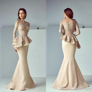 Dubai Champagne Lace Satin Peplum Long Evening Formal Wear Dresses 2020 jewel Neck Long Sleeve Dubai Arabic Mermaid Prom Dress BM0981