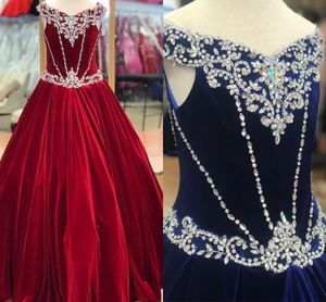 Barnens Pageant Dress 2019 Burgundy Velvet Little Girls Pageant Gowns Long Ballgown Crystals Beading Top Royal Blue Order för att göra anpassade