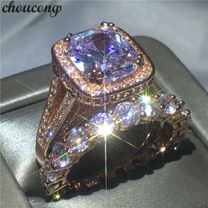 Choucong Lovers Ringセットクッションカット8ctクリアダイヤモンドCZローズゴールドフィルド925シルバーエンゲージメントウェディングバンドリング