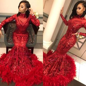 Black Girl Red Long Sleeve Mermaid Prom Dresses High Neck Sequined Lace Appliques Feather Bottom Evening Gowns Formal Party Dress BC1327