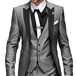 Yüksek Kalite Bir Düğme Açık Gri Düğün Damat Smokin Tepe Yaka Groomsmen Erkekler Örgün Balo Suits (Ceket + Pantolon + Yelek + Kravat) W189