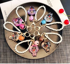 Cute dog keychain with pearl chain bell key chain creative 3D pendant key ring bag accesseries nice gift for guest