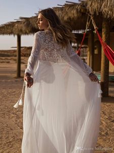 2019 Asaf Dadush Boho Brautkleider Spaghetti Spitze Brautkleider Oberschenkelhohe Schlitze mit Wickelkleid Chiffon Strandhochzeitskleid Custom236C