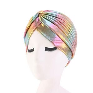 Mode-Women Glitter Turban Caps Muslim Head Rainbow India Cap Headwrap Chemolopecia Hårförlust Hatt Islamic Headscarf Bonnet Fausies