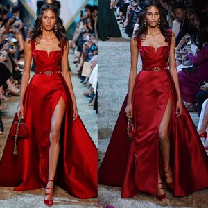 Elie Saab 2020 Simple Elegant Red Evening Dresses With Detachable Train Side Split Formal Party Prom Gowns Runway Fashion Wear