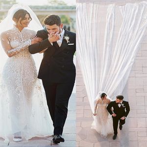 2020 линия Свадебные платья высокого шеи с длинными рукавами полный шнурок тюль Кнопка Свадебные платья Поезд стреловидности Boho выполненная на заказ Vestidos De NOVIA