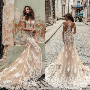 Champagne Lace Appliqued Sheer Neck Mermaid Wedding Dresses 2020 Sexy Bohemian Beach Boho Bridal Gowns Plus Size