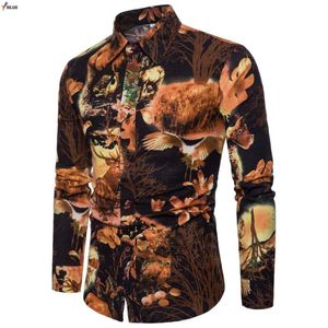 Wholesale-Hot Mens Fashion Trend Flower Shirt Spring Print Shirt Brand Clothes Flax Casual Business Hawaiian Long Sleeve Dress Shirts 5XL