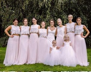 Elegante Blush Country Tweedelige Bruidsmeisjes Jurken Kant Top Tulle Plus Size Ruched Designer Long Wedding Guest Party Prom Formele Jurk