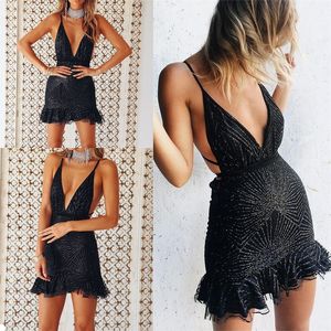 Sexy Short Black Evening Dresses Spaghetti Strap Sleeveless Sequins Prom Gown Ruched Tulle Bandage Sweep Train Party Gown
