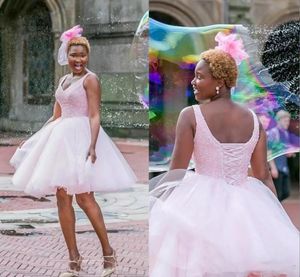 Black Girls Formal Wear Short Party Dresses With Beads Sequins A Line Pink Tulle Homecoming Dress Back Lace Up Princess Prom Dress Vestidos