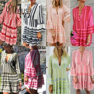 Casual Dresses Summer Striped Mini Women 2022 Boho Autumn Party Short Beach Dress V-Neck Loose Sundress Femme Vestidos