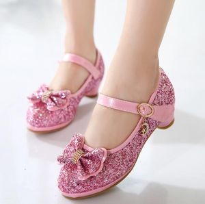 Princess Kids Leather Shoes For Girls Flower Casual Glitter Children High Heel Butterfly Knot Dress Party Shoes Blue Pink Silvr