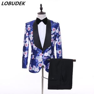 (Jacket+Pants) Formal Men's Suits Rose Printing Blazers Two Piece Set Groom Wedding Dress Prom Party Business Casual Male Suit