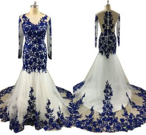 White Royal Blue Lace Mermaid aftonklänningar Formella eleganta långa ärmar Bateau ihålig bakre tävlingsklänning Vestidos de Festia billig