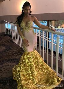 South African Gold Applique Rose Flowers Prom Dress One Shoulder Black Girls Sheer Sleeve Mermaid Evening Gowns Robes de Mariée Sirène