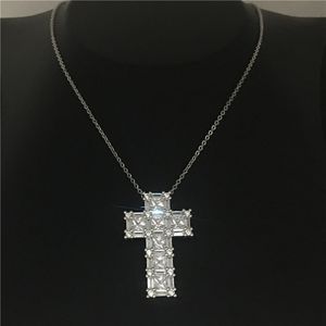 Vecalon handgefertigter Kreuz-Anhänger aus 925er Sterlingsilber, Diamant-Hochzeitsanhänger mit Halskette für Frauen, Brautschmuck, Geschenk