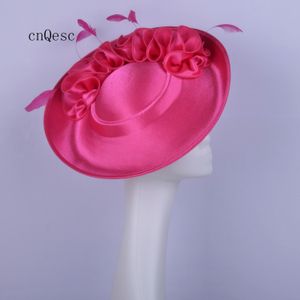 2019 gran rosa caliente satinado fascinante señoras vestido formal sombrero sombrero de la iglesia para la boda ducha nupcial madre de la novia w flor de plumas