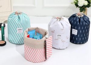 Women Cosmetic Bag Large Capacity Drawstring Bag Barrel Shaped Makeup Bags Flamingo Flower Print Travel Pouch Oxford Wash Organizer